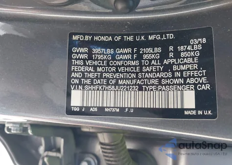 2018 Honda Civic Ex z USA, uszkodzony, nr VIN SHHFK7H58JU221232